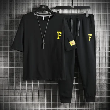 

Fashion Print Men's Sportswear Sets Summer Breathable Cotton Male Casual Tracksuit Men 2 Pieces Tshirt + Sweatpants Sets