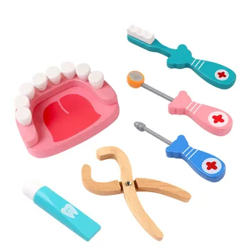 

6pcs Wooden toys Funny role play Brush Tooth Extraction Real Life Cosplay Doctor game toy Dental Pretend Doctor accessories Tool