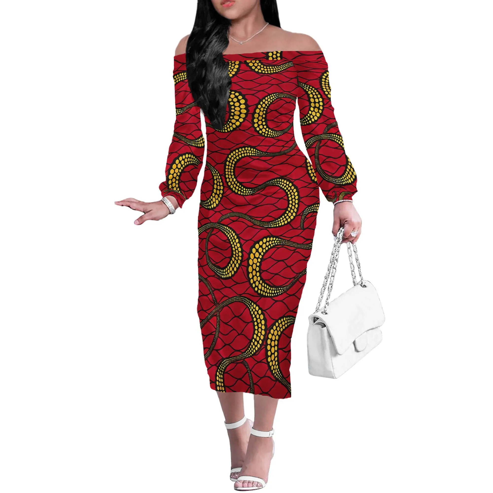 Design Vintage African Styles Printed  Long Sleeve Dresses Knee Length Womens Casual Spandex Dress Clothing