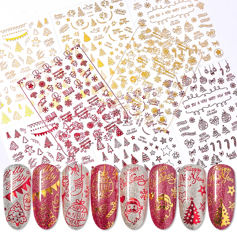 1 шт Красный Золотой Рождественский стикер снежинки на ногти 3D клей маникюрный наконечник Санта-лось письмо слайдер наклейки для ногтей