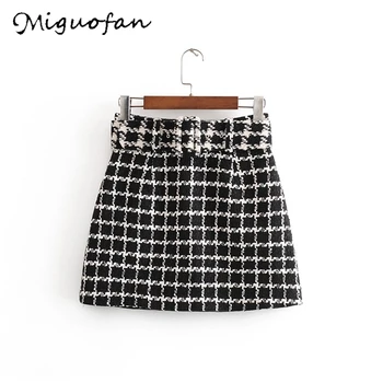

Miguofan Women Skirts Plaid Winter Houndstooth skirt A Line Elegant Female Fashion Office Ladies mini Skirts Sashes 2020 Bottom