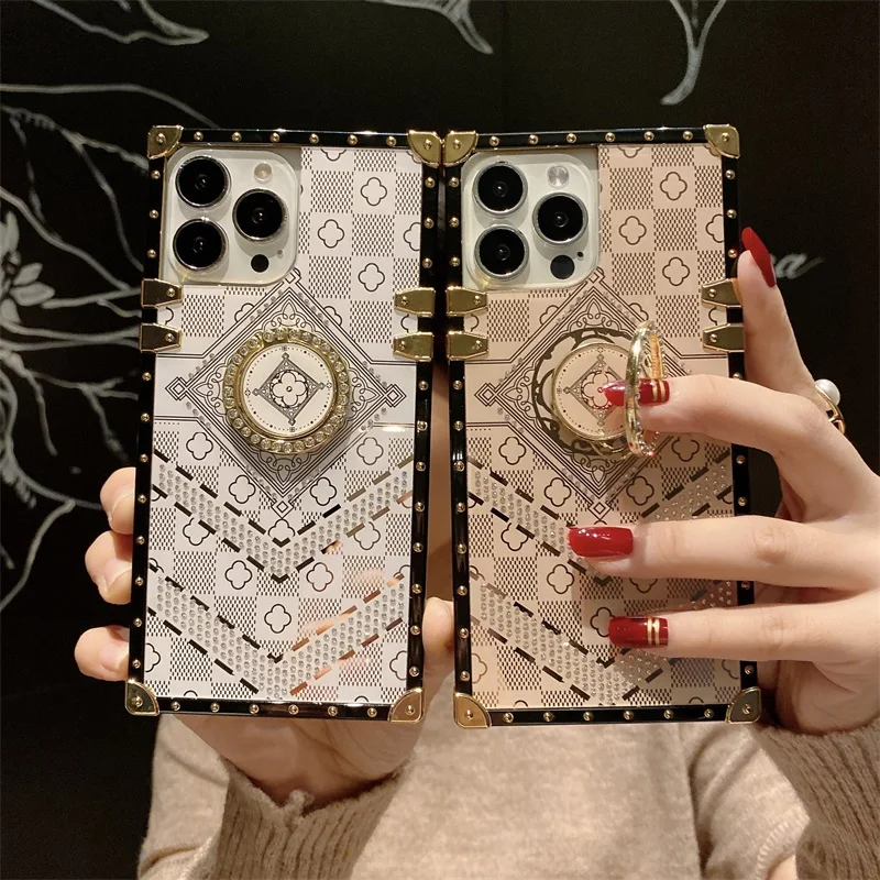 

Fashion Brand Square Phone Case For iPhone 13 12 11 PRO MAX Mini 6 7 8 Plus X XR Luxury Bling Flowers With Ring Soft Cover Coque