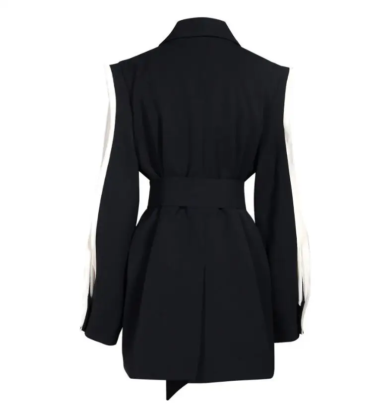 Autumn Long sleeve Stitching Ruffles Black Blazer With belt Vintage Korea Women Contrast Color Suit OL Coat