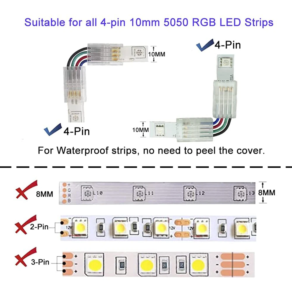 Connecteur d'angle LED 4 broches en forme de L, pour bande lumineuse LED  SMD 5050 RGB RGBW 10mm, lumière rvb avec Linker