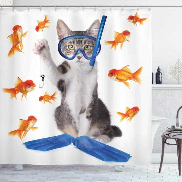 Cat Shower Curtain Modern Spin on The Term Fishing Curiosity Goldfish  Hunting Humorous Art Fabric Bathroom Decor Set with Hooks - AliExpress