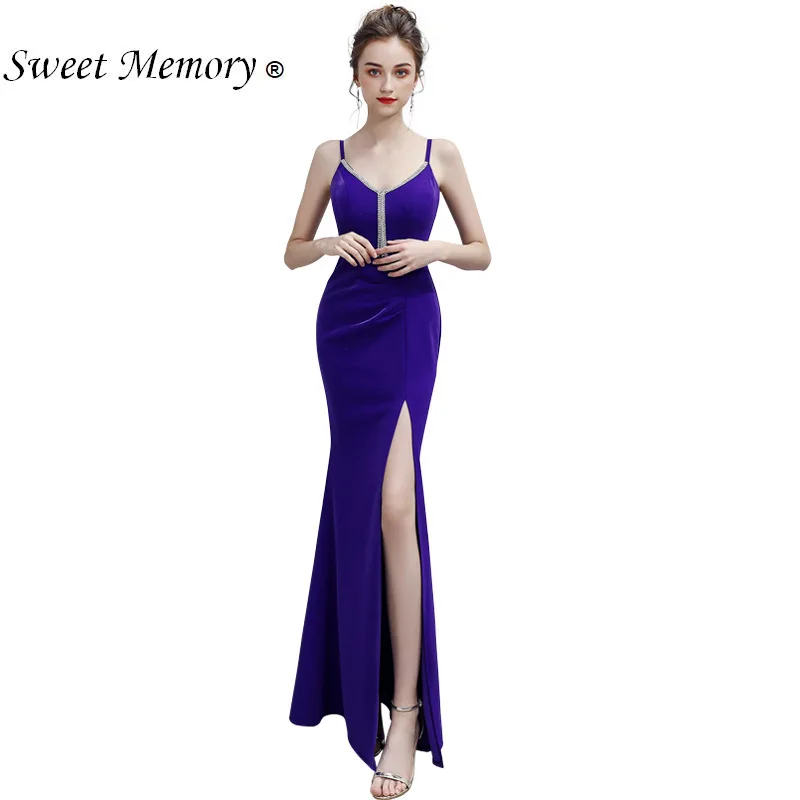 

A19144 Long Blue Evening Dresses Elegant Floor Length Split Wedding Party Dress