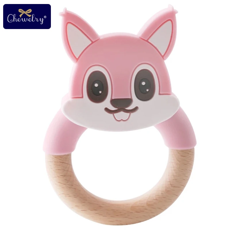Pink Squirrel 1 шт. зубное кольцо для младенцев из бука деревянный грызунок силиконовый Прорезыватель "Слон" коляска детская погремушка для кормления браслет игрушки для детского продукта - Цвет: Pink Squirrel