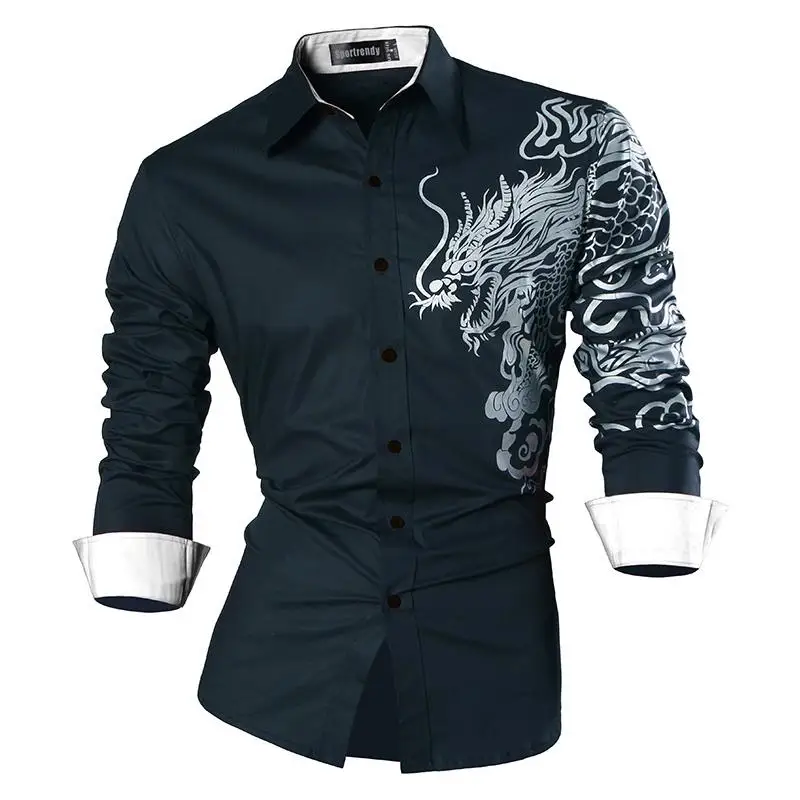 Sportrendy Мужская рубашка платье повседневное с длинным рукавом Slim Fit Мода Дракон
