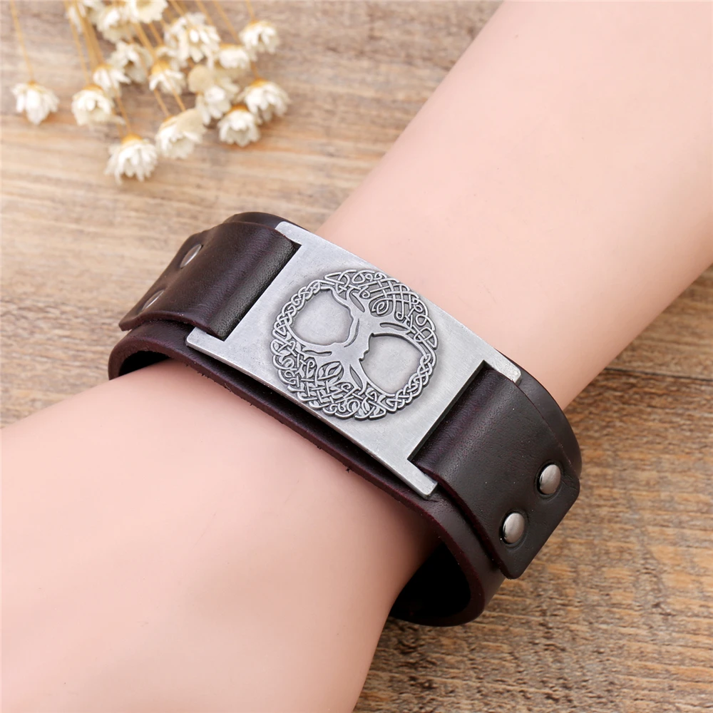 Skyrim Tree of Life Vintage Wrap Wicca Metal Leather Bracelet Amulet Adjustable Cuff Bracelet for Men bangle bracelet leather bracelets