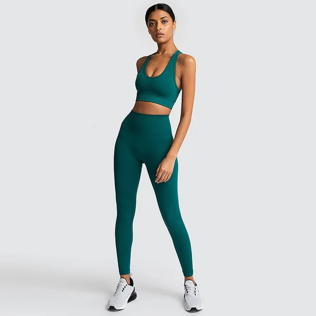 Women 2 Piece Sport Gym Clothes Fitness Set Squat Proof Pant Seamless Leggings Yoga Bra Sportwear