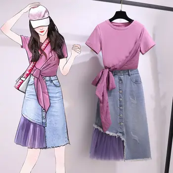 

Womens Skirt and top set Summer 2 piece sets womens outfits Bow T-shirt + Female Jeans Mesh Stitched Skirt Suits Two-Piece Sets