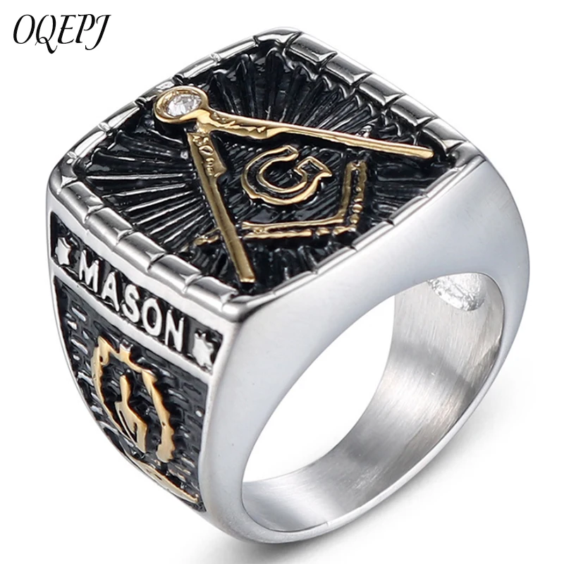 

OQEPJ Hiphop Rock Masonic Signet Rings 316L Stainless Steel Square Black Letters Men Ring Cubic Zirconia Crystal Jewelry