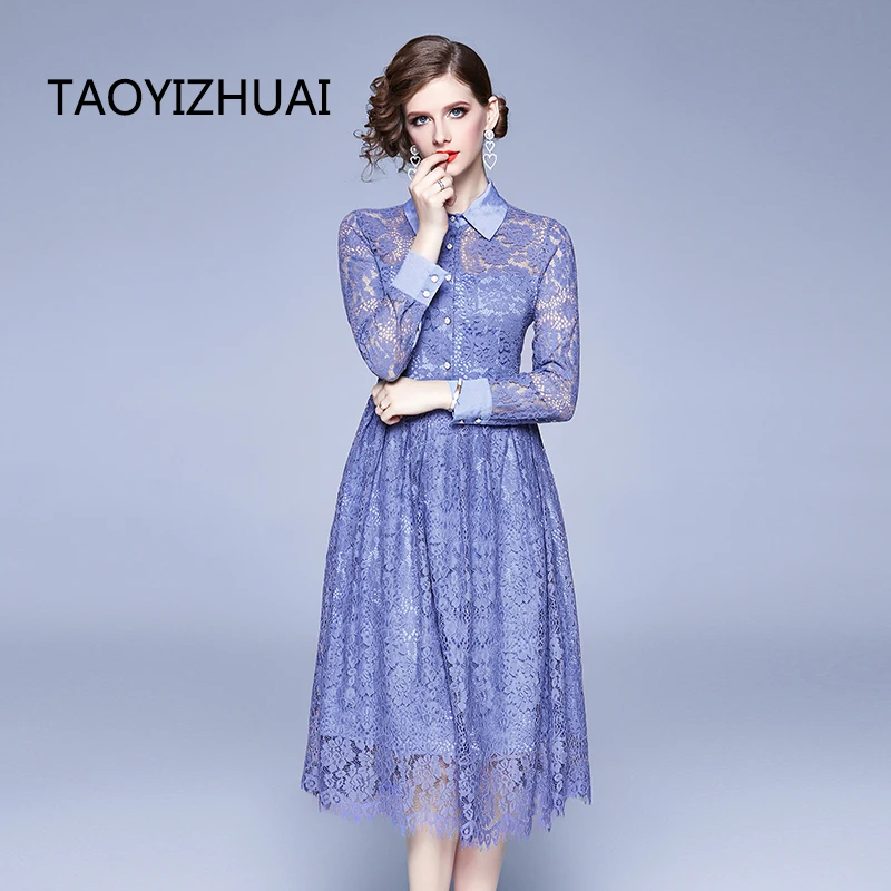 TAOYIZHUAI офисное женское Стильное элегантное кружевное платье с отложным воротником и синими пуговицами длиной до колена, модное приталенное ТРАПЕЦИЕВИДНОЕ ПЛАТЬЕ vestidos