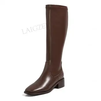 

LAIGZEM FASHION Women Knee High Boots Real Leather Low 4CM Heels Boots Tall Side Zip Scarpe Ladies Shoes Woman Size 33 38 41 43