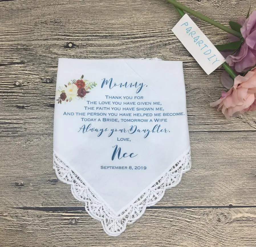 Mother of the Groom Personalised Handkerchief Favour Gift Wreath Flowers Wedding 