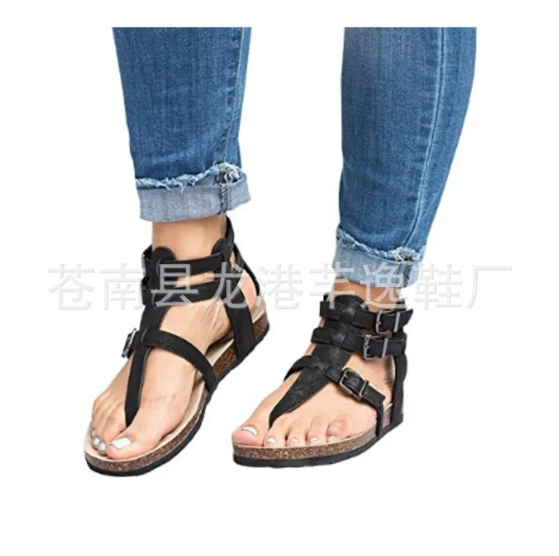 

Fashion Solid T-Strap Sandals Women Buckle Strap Front Rear Strap Rome Flat Sandals Summer Ladies Shoes