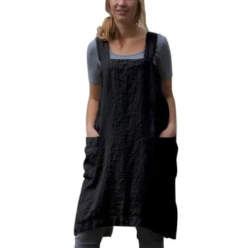 

Patchwork Housework Apron Women Loose Dress Kitchen Cotton Linen Double Pocket for Household Kitchen Helping Decor