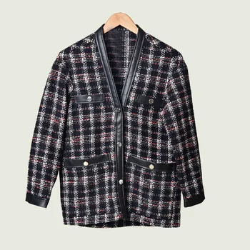 

19 Small Fragrant Wind Contrast Color Thick Tweed Check Pattern V Collar Socialite Cardigan Coat 93248