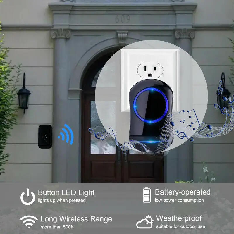 

100% Brand New Home Security IP55 Wireless Alarm Doorbell Garage 2 Plug-in Receive 45 Tunes