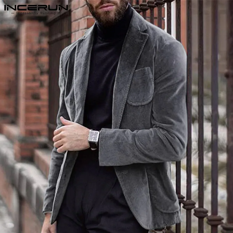 INCERUN мужские спортивные пиджаки Вельветовая уличная одежда с длинным рукавом простая верхняя одежда Модный деловой шикарный мужской блейзер повседневные Костюмы Куртки