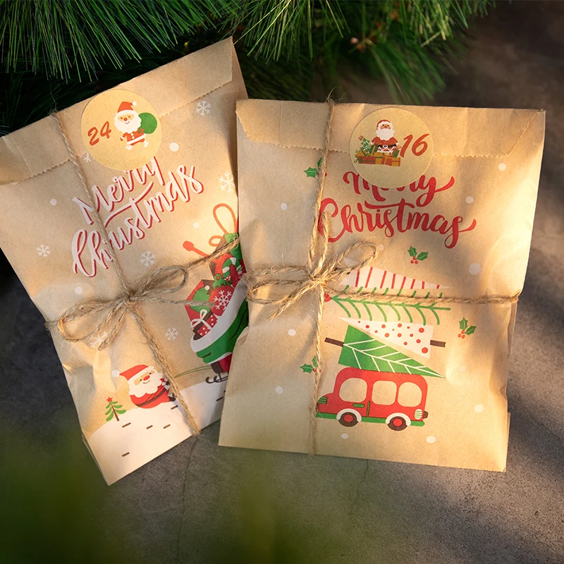 Bolsas de papel Kraft para Navidad, conjunto de 24 bolsas de regalo de Papá Noel, muñeco de nieve, zorro, para fiesta de Navidad, bolsa de galletas de caramelo, Insumos para envolver regalos - Imagen 3