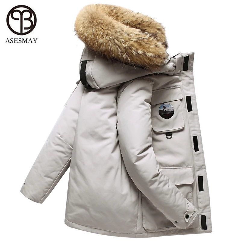 Tanie Asesmay marka 2019 mężczyźni moda kurtka zimowa stylowe męskie płaszcz zimowy kurtka typu parka grube ciepłe gęsie pióro z kapturem futro odzież wierzchnia