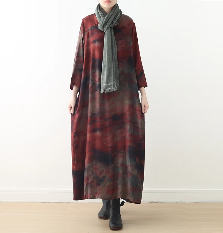 Женское винтажное платье из шелкового шифона высокого качества Cheongsam осеннее новое яркое женское платье с длинными рукавами на пуговицах - Цвет: Красный