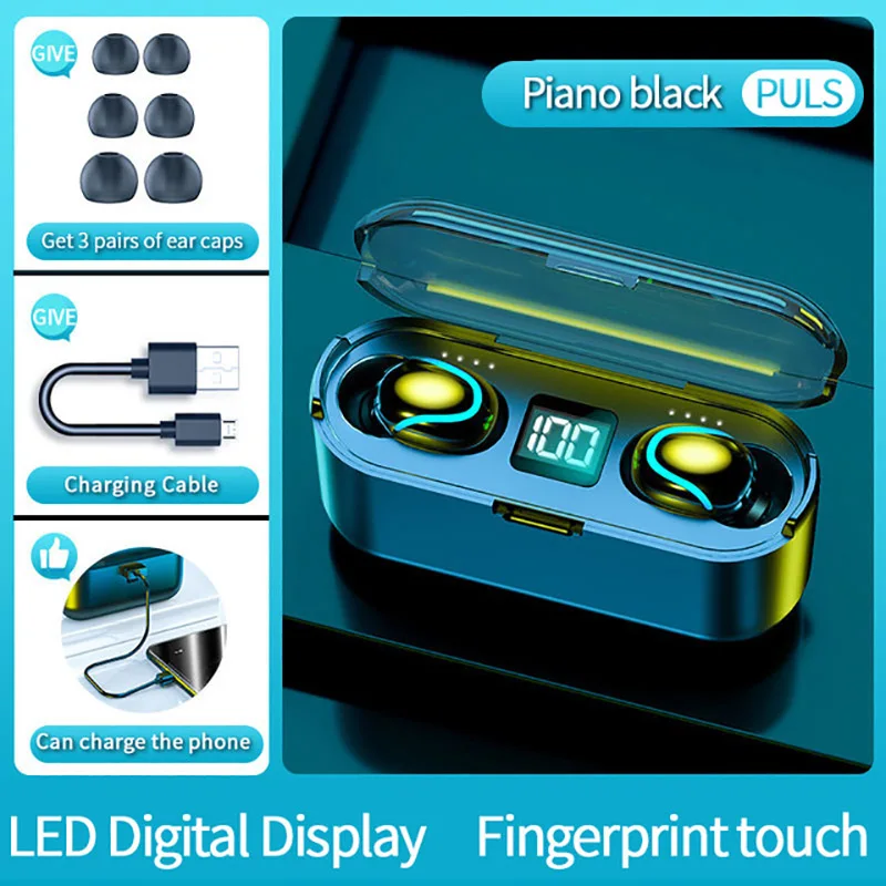 TWS Wireless Bluetooth Earphones Fingerprint Touch Noise Reduction Stereo Headset Sport Headphones Phone Stand w Charging Case