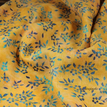 

Original yellow bottom flowers and summer printed pure ramie fabric