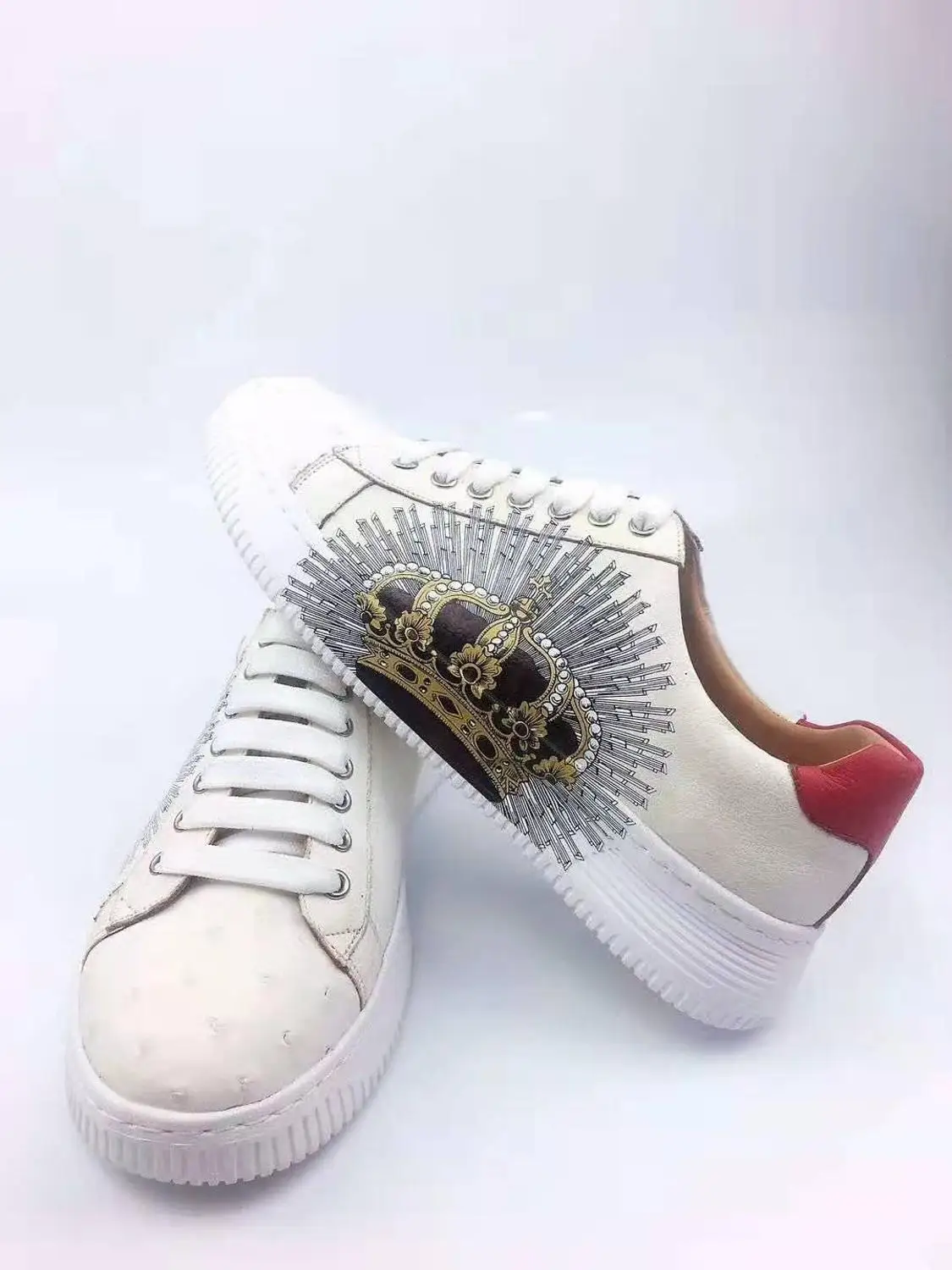 new production real genuine ostrich skin white color fashion sneaker shoe with genuine cowhide skin lining