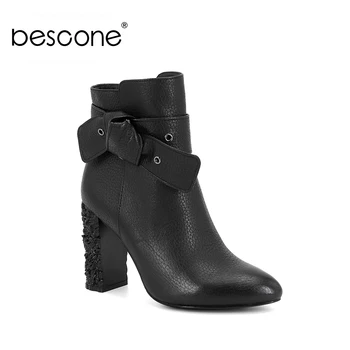 

BESCONE Genuine Leather Ankle Women Boots Sexy Pointed Toe Carved Square Heel Shoes Fashion Bowknot Decoration Ladies Boots M84
