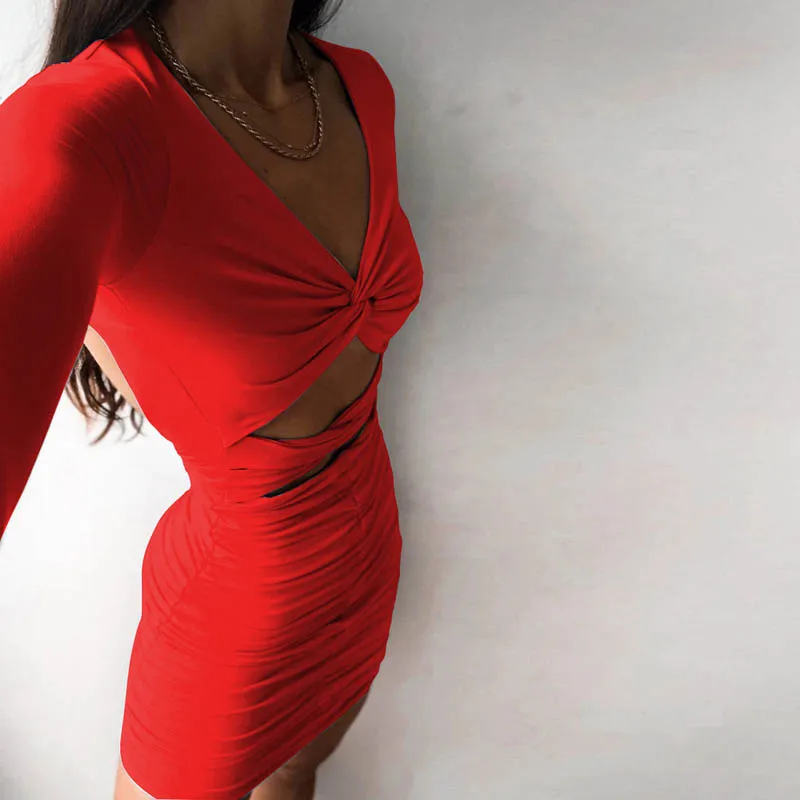 2020 Sexy V Neck Hollow Out Mini Skirt Long Sleeve Ribbed Deep Cut Bodycon Skinny Package Up Celebrity Solid Dress For Women