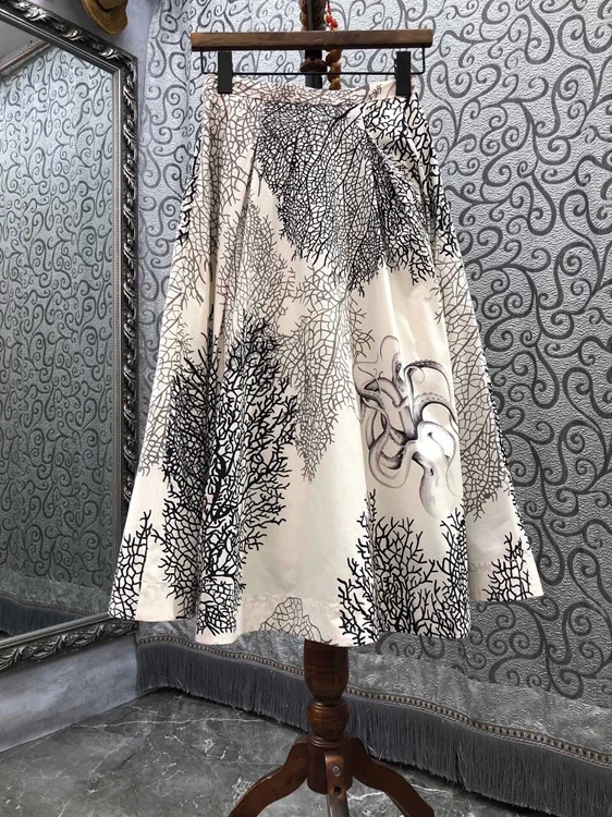 100%Cotton Women's Skirt 2021 Autumn High Quality Clothes Ladies Sexy Wild Prints Pocket Patchwork Large Swing Casual Skirts