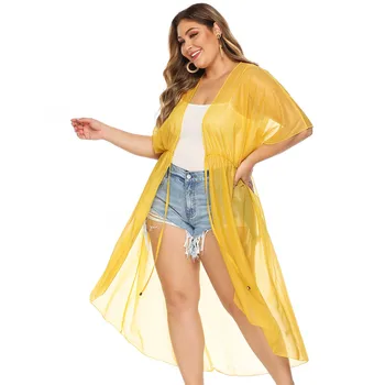 

Chiffon Beachwear Cover Up Beach Long Cardigan Dress Plus Size Swimsuit Cover-ups Yellow White Beach Wear Adjustable Waist Dress