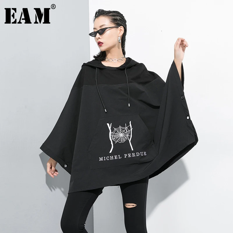 

[EAM] Loose Fit Black Print Sweatshirt New Round Neck Long Batwing Sleeve Women Big Size Fashion Tide Autumn Winter 2019 1B707