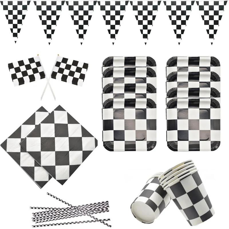

Black white plaid Disposable tableware set paper plates Cups Chess Checkered Birthday Party Baby Shower Decorations for Kids