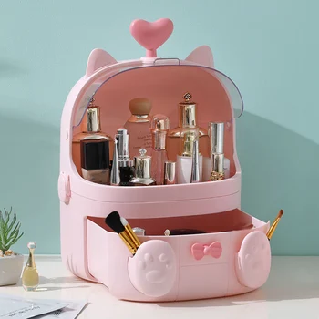 

Pink Dustproof Cosmetic Storage Box Desktop Organizer Storage Case with Removable Drawer Sundries Organizer