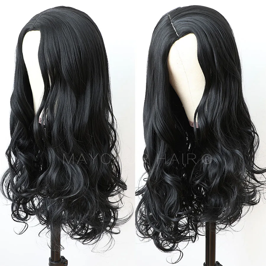 Maycaur Long Wavy Wig with Side Bangs Black Brown Red Synthetic Hair Wigs for Black Women Glueless Heat Resistant Fiber Hair (2)