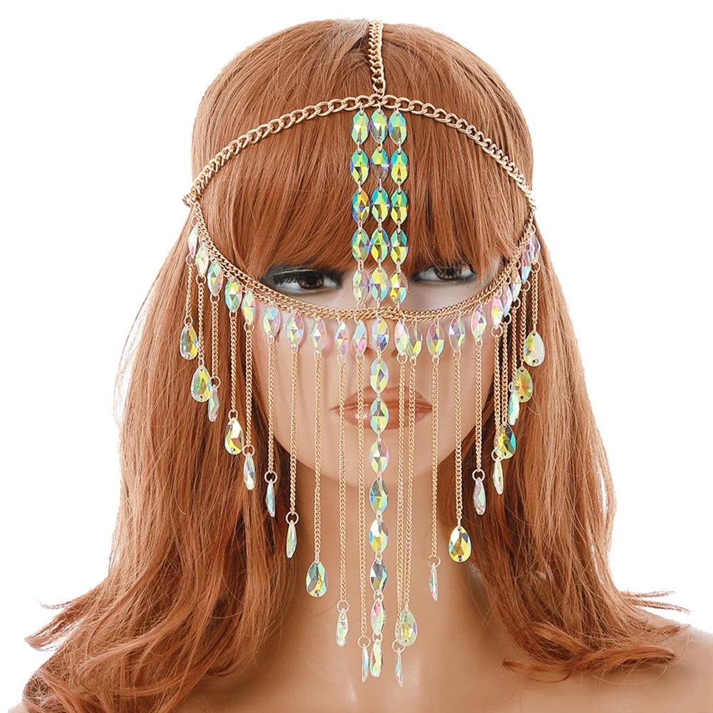 

Ethnic Style Head Chain Vintage Metal Crystal Head Chain Tassel Acrylic Pendant Hair Chain Women Hair Hoop Accessories