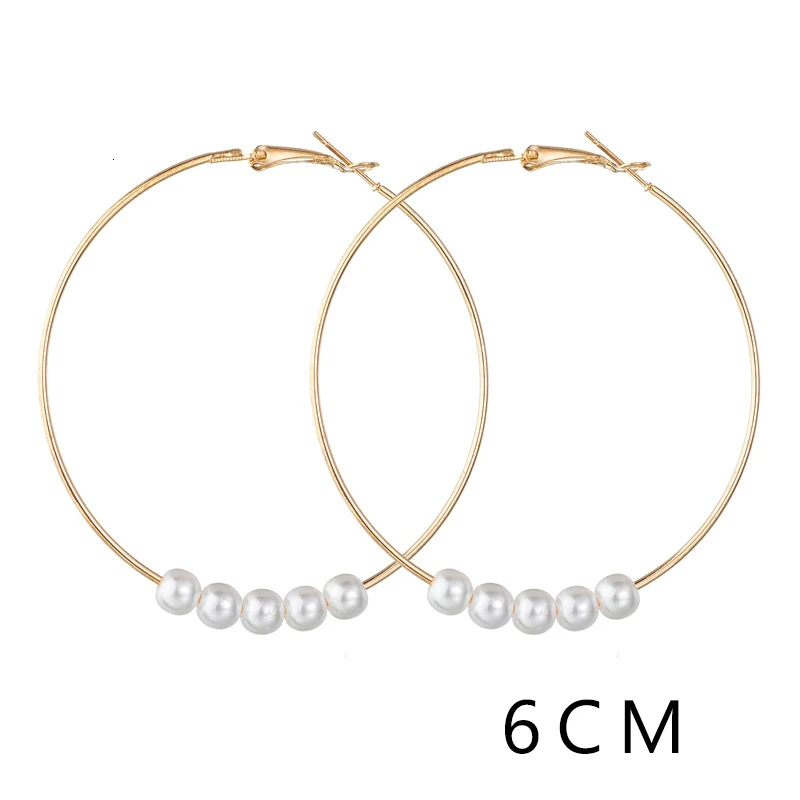 E0763A Bohemian Pearl Hoop Earrings 40mm 60mm 50mm Big Circle Earrings Basketball Brincos Loop Earrings For Women Jewelry Oorbellen - Окраска металла: E0763A