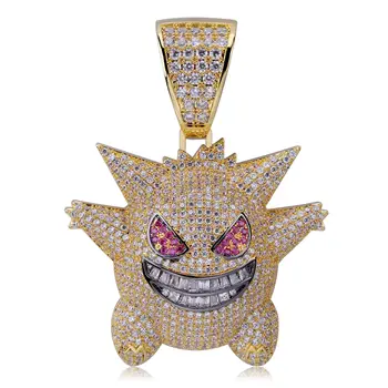 

Exquisite Bubble Gengar Pendant Hip Hop Iced Out Bling CZ Crystal Gold Plated Chain with 24" Stainless Rope Necklace