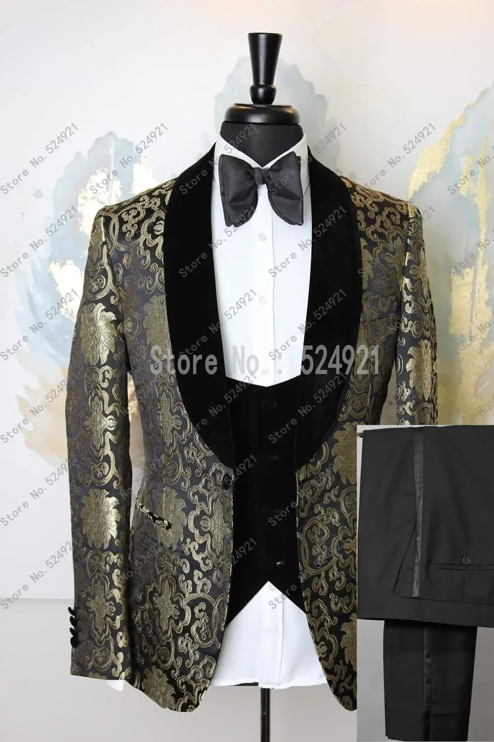 Мужские костюмы с золотым узором и черными смокингами для жениха, шаль с бархатными лацканами, Женихи, мужские свадебные костюмы для лучших мужчин(пиджак+ брюки+ жилет+ галстук) C698