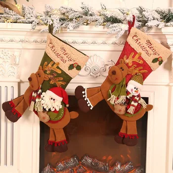 

Christmas Stockings Socks With Snowman Santa Elk Bear Printing Xmas Candy Gift Bag Fireplace Xmas Tree Decoration New Year