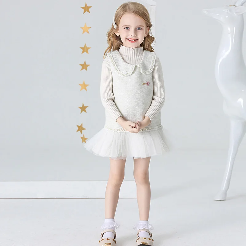 

Girls Clasic Winter Mesh Dress Beading Sleeveless Kids Princess Clothes for Birthday Party Performance 2-6 Ys Autumn Spring