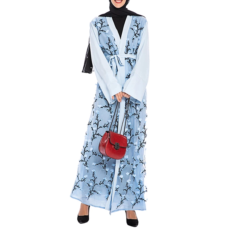 light blue cardigan Цветочное кимоно абайя Дубайский хиджаб мусульманское платье Турецкий ислам одежда Абая для женщин кафтан халат кардиган Djelaba Kleding - Цвет: light blue cardigan