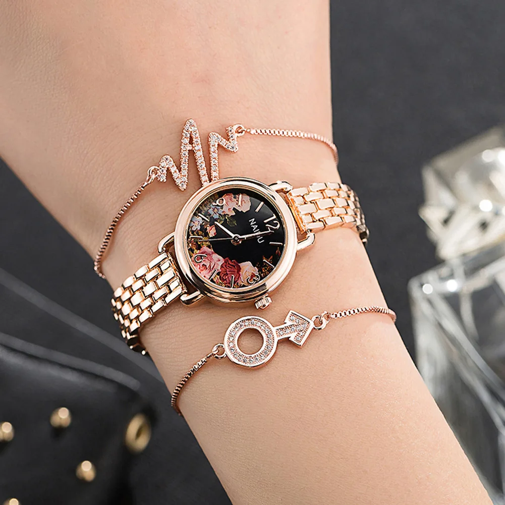Женские часы в стиле ретро с цветами, 3 шт., модные браслеты из нержавеющей стали с большой коробкой для часов, набор для влюбленных, подарок, розовое золото, кварцевые часы