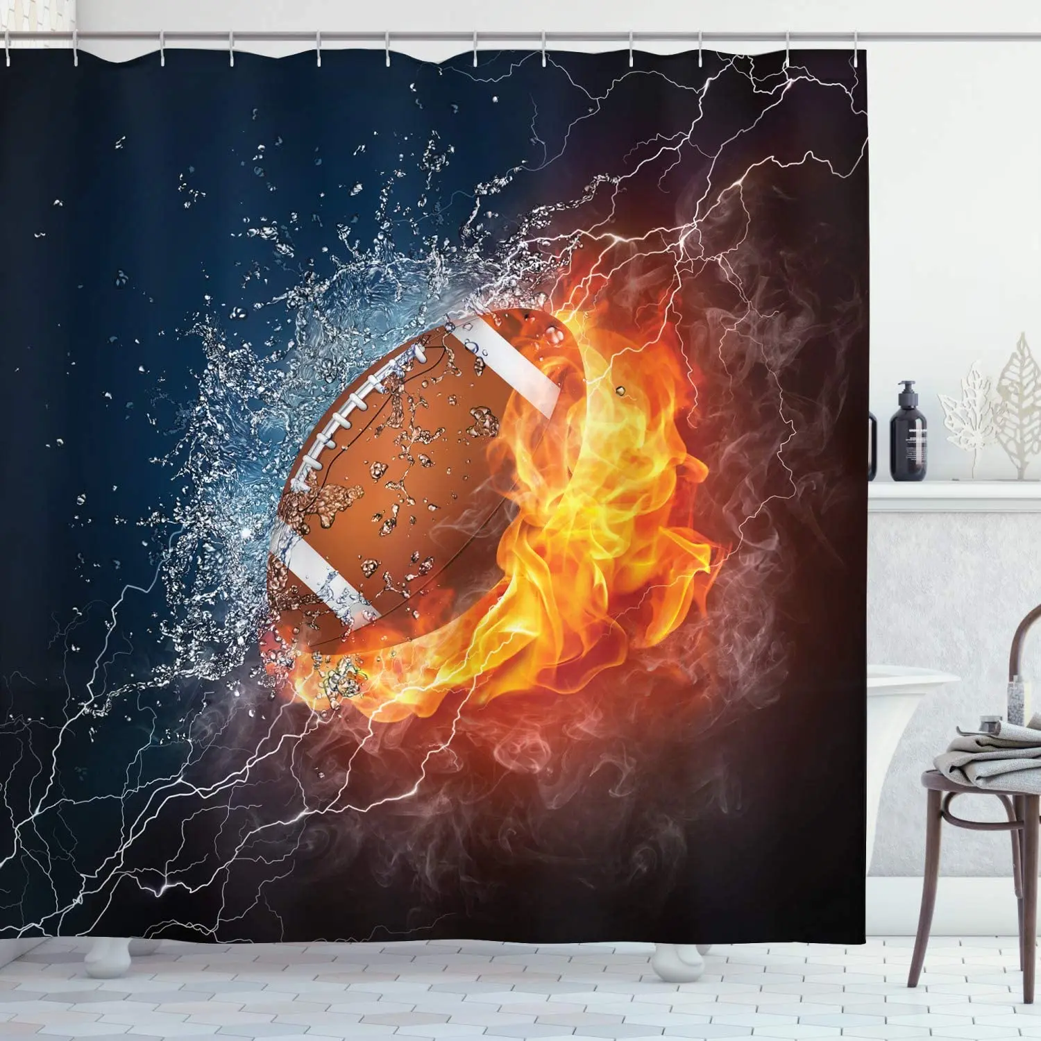 SportsShowerCurtainFootballandWaterSplashingThunderBolt