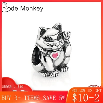 

CodeMonkey 100% Real 925 Sterling Silver Lucky Cat With Red Love Heart Charm Beads Fit 3mm Bracelet Pendant Jewelry CMS203
