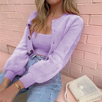 

Autumn Winter Two Pieces Suit Sets Women Winter Jacket & Top Warm Fluffy Long Sleeve Coats & Tank Top Sets