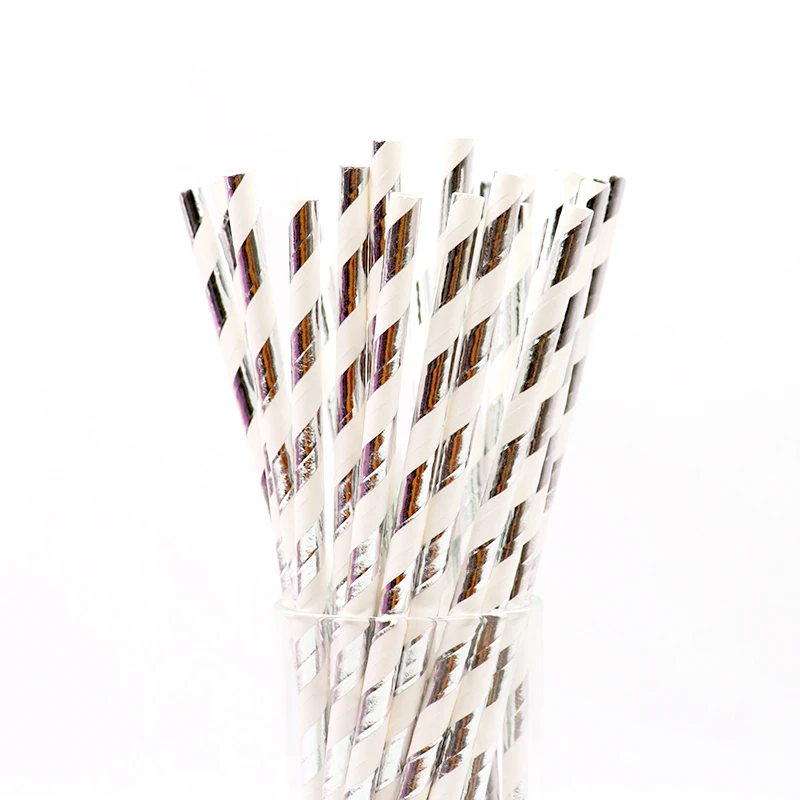 Striped Silvery 25 шт. фольгированные золотые, розовые, золотые, серебряные бумажные соломинки, свадебные сувениры, трубочки для питья на вечеринке, украшения для дня рождения, Детские праздничные принадлежности - Цвет: Striped Silvery